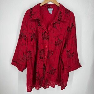 Vintage Liz Women Red Black Floral Burnout Button Shirt Plus Size 4X Career Date